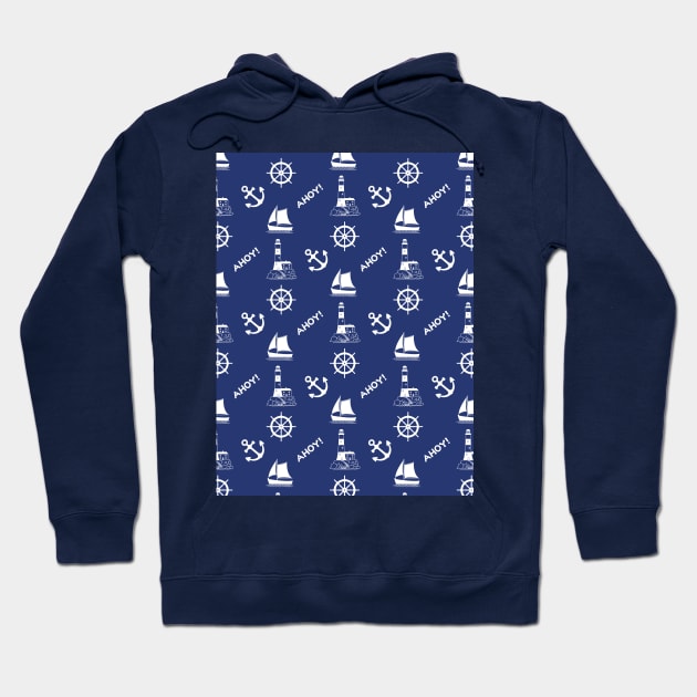 Sailing Illustrative Pattern White on Navy Blue Hoodie by NataliePaskell